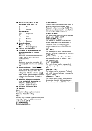 Page 71TN
11Picture Quality (l27, 28, 32)MPEG2/PICTURE (l27, 32)
:Fine
:Normal
MPEG4 (l28)
: Super Fine
:Fine
:Normal
: Economy
12Recording Mode¥REC: Record
¥;: Recording pause13Elapsed time indication14Indication of recordable time and 
recordable number of images
R 0h10m:Remaining recordable time for motion 
images (Lights up in red when it 
reaches 0h00m.)
R 10:Number of remaining recordable still 
pictures (Lights in red when it reaches 
zero.)
15Remaining Battery Power []
When the battery power becomes...