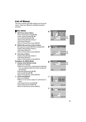 Page 1515
List of Menus
The menu screens used differ slightly from the actual 
menus. These are offered for simplified illustration 
purposes. 
ªREC MENU
1Still Picture Record Menu
Picture size [Picture size] (l19)
Picture quality [Quality] (l19)
Flash setting [Flash] (l19)
Display setup [Display setup] 1
Initial setup [Setup] 2
Return to the previous screen [BACK]
2MPEG4 Moving Picture Record Menu
Moving picture quality [MPEG4 mode] (l21)
Display setup [Display setup] 1
Initial setup [Setup] 2
Return to the...