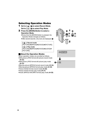 Page 1616
Selecting Operation Modes
1
Set to [ ] 1 to select Record Mode.
Set to [ ] 
2 to select Play Mode.
2Press the [MODE] Button to select a 
Operation Mode.
≥Every time the [MODE] Button is pressed, the 
Operation Mode changes as follows.
≥
After several seconds, only icons are displayed. 3
ªAbout the Operation Modes
Seven operation modes are provided as follows.
≥Still picture (JPEG format still picture) record mode 
(l22)
≥Still picture (JPEG format still picture) play mode 
(l23)
≥Moving picture (MPEG4...