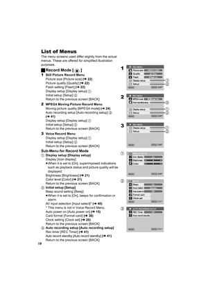 Page 1818
List of Menus
The menu screens used differ slightly from the actual 
menus. These are offered for simplified illustration 
purposes.
ªRecord Mode [ ]
1Still Picture Record Menu
Picture size [Picture size] (l22)
Picture quality [Quality] (l22)
Flash setting [Flash] (l22)
Display setup [Display setup] 1
Initial setup [Setup] 2
Return to the previous screen [BACK]
2MPEG4 Moving Picture Record Menu
Moving picture quality [MPEG4 mode] (l24)
Auto recording setup [Auto recording setup] 3 
(l41)
Display setup...