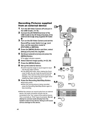 Page 4040
Recording Pictures supplied 
from an external device
1
Turn the SD Video Camera off and put in 
the USB Cradle. (l10)
2Connect the [AV IN/OUT] terminal of the 
USB Cradle to the AV Output Sockets of the 
external device 
2 using supplied AV Cable 1.
3Turn on the SD Video Camera and set the 
Record/Play mode Switch to [ ] and 
then, set the operation mode to 
[PICTURE] or [MPEG4].
4Press the [MENU] Button and then, select 
[Setup] and press the Jog Ball.
5Set [Input select] to [Line] and press the...