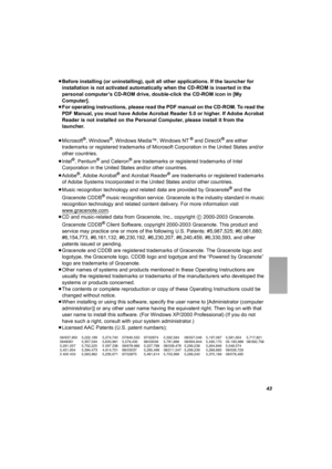 Page 4343
≥Before installing (or uninstalling), quit all other applications. If the launcher for 
installation is not activated automatically when the CD-ROM is inserted in the 
personal computer’s CD-ROM drive, double-click the CD-ROM icon in [My 
Computer].
≥For operating instructions, please read the PDF manual on the CD-ROM. To read the 
PDF Manual, you must have Adobe Acrobat Reader 5.0 or higher. If Adobe Acrobat 
Reader is not installed on the Personal Computer, please install it from the 
launcher....