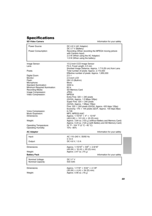 Page 6969
Specifications
SD Video Camera Information for your safety
Image Sensor:  1/3.2-inch CCD Image Sensor
Lens: F4.0, Focal Length; 4.5 mm
Shortest Image Distance; Approx. 1.7 ft (50 cm) from Lens
Pixels: Total number of pixels: Approx. 2,110,000
Effective number of pixels: Approx. 1,950,000
Digital Zoom: 2.5k
Monitor: 2.0-inch LCD
Flash: GN 3.5 (Built-in)
Microphone: Mono
Standard Illumination:  3000 lx
Minimum Required Illumination: 60 lx
Recording Media: SD Memory Card
Image Compression: JPEG
Video...