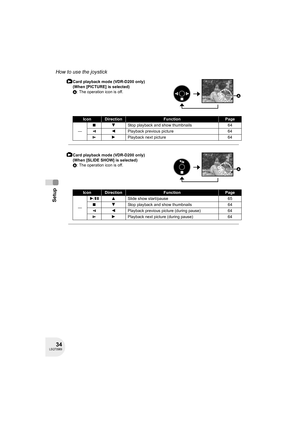 Page 3434LSQT0969
Setup
How to use the joystick
Card playback mode (VDR-D200 only)
(When [PICTURE] is selected)
A: The operation icon is off.
IconDirectionFunctionPage
—∫4Stop playback and show thumbnails 64
E2Playback previous picture 64
D1Playback next picture 64
Card playback mode (VDR-D200 only)
(When [SLIDE SHOW] is selected)
A: The operation icon is off.
IconDirectionFunctionPage
—1/;3Slide show start/pause 65
∫4Stop playback and show thumbnails 64
E2Playback previous picture (during pause) 64
D1Playback...