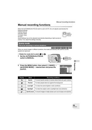 Page 5555LSQT0969
Recording
Manual recording functions
Manual recording functions
When the AUTO/MANUAL/FOCUS switch is set to AUTO, the unit adjusts automatically the 
following settings.
≥White balance
≥Shutter speed
≥Iris/gain value
≥Focus
Above settings may not be adjusted automatically depending on light sources or 
scenes. If so, adjust the settings manually.
(RAM) (-RW‹VR›) (-RW‹V›) (-R) (SD)
When you record images in different situations, this mode automatically sets optimum shutter 
speeds and...