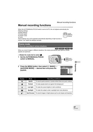 Page 4747LSQT1040
Recording
Manual recording functions
Manual recording functions
When the AUTO/MANUAL/FOCUS switch is set to AUTO, the unit adjusts automatically the 
following settings.
≥White balance
≥Shutter speed
≥Iris/gain value
≥Focus
Above settings may not be adjusted automatically depending on light sources or 
scenes. If so, adjust the settings manually.
(RAM) (-RW‹VR›) (-RW‹V›) (-R)
When you record images in different situations, this mode automatically sets optimum shutter 
speeds and apertures....