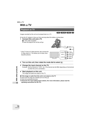 Page 7474LSQT1040
With other products
With a TV
With other products
With a TV
(RAM) (-RW‹VR›) (-RW‹V›) (-R)
Images recorded by this unit can be played back on a TV.
≥Use the AC adaptor to free you from worrying about the battery running down.
1 Connect this unit and a TV.
* If the TV has an S Video terminal, also connect the 
S Video plug to it. This allows you to enjoy more 
beautiful pictures.
2 Turn on this unit, then rotate the mode dial to select  .
3 Change the input channel on the TV.
Example: Set the...