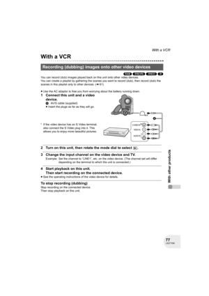 Page 7777LSQT1040
With other products
With a VCR
With a VCR
(RAM) (-RW‹VR›) (-RW‹V›) (-R)
You can record (dub) images played back on this unit onto other video devices.
You can create a playlist by gathering the scenes you want to record (dub), then record (dub) the 
scenes in this playlist only to other devices. (l61)
≥Use the AC adaptor to free you from worrying about the battery running down.
1 Connect this unit and a video 
device.
* If the video device has an S Video terminal, 
also connect the S Video...