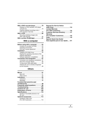 Page 99LSQT1146
With a DVD recorder/player................. 79
Playback on DVD recorder, DVD player, 
computer etc............................................. 79
Copying (dubbing) recordings onto a 
DVD recorder’s hard disk ......................... 79
With a VCR ............................................ 80
Recording (dubbing) images onto 
other video devices .................................. 80
With a printer (PictBridge)................... 81
With a computer
Before using with a computer............. 83...