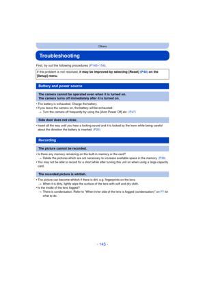Page 145- 145 -
Others
Troubleshooting
First, try out the following procedures (P145–154).
•
The battery is exhausted. Charge the battery.
•If you leave the camera on , the battery will be exhausted.
> Turn the camera off frequently by using the [Auto Power Off] etc.  (P47)
•Insert all the way until you hear a locking sound and it is locked by the lever while being careful 
about the direction the battery is inserted. (P20)
•Is there any memory remaining on the built-in memory or the card?
> Delete the pictures...