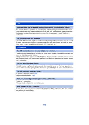 Page 148- 148 -
Others
•It is possible that the subject may be warped slightly, or the borders get colored, depending on the 
zoom magnification, due to the characteristics of the lens. Also, the peripherals of the image might 
look warped because the perspective is enhanced when the wide angle is used. This is not a 
malfunction.
•The inside of the lens may fog due to condensation depending on the environment this unit is used 
in, areas that undergo a significant change in temperature or in high humidity, etc....