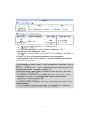 Page 57- 57 -
Recording
∫The available flash range
∫ Shutter speed for each flash setting
¢1The shutter speed changes depending on the [Stabilizer] setting.¢2 When [ ] in [Sensitivity] is set.
•¢1, 2: The shutter speed becomes a maximum of 1 second in the following cases.–When the Optical Image Stabilizer is set to [OFF].–When the camera has determined that there is very little jitter when the Optical Image Stabilizer is 
set to [ON].
•In Intelligent Auto Mode, shutter speed changes depending on the identified...