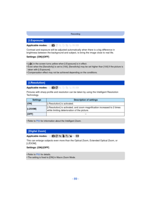Page 89- 89 -
Recording
Applicable modes: 
Contrast and exposure will be adjusted automatically when there is a big difference in 
brightness between the background and subject, to bring the image close to real life.
Settings: [ON]/[OFF]
•
[ ] in the screen turns yellow when [i.Exposure] is in effect.
•Even when the [Sensitivity] is set to [100], [Sensitivity] may be set higher than [100] if the picture is 
taken with [i.Exposure].
•Compensation effect may not be achieved depending on the conditions.
Applicable...