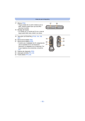 Page 15- 15 -
Antes de usar el dispositivo
17 Altavoz (P44)
•Tenga cuidado de no cubrir el altavoz con su 
dedo. Hacerlo puede hacer que sea difícil 
escuchar el sonido.
18 Montaje del trípode •Un trípode con un tornillo de 5,5 mm o más de 
largo puede dañar esta unidad si se coloca.
19 Toma [AV OUT/DIGITAL]  (P120, 124,  126, 
127)
20 Ranura de la tarjeta (P20)
21 Ranura de la batería  (P20)
•
Cuando usa un adaptador de CA, asegúrese de 
usar el acoplador de CC de Panasonic 
(opcional) y el adaptador de CA...