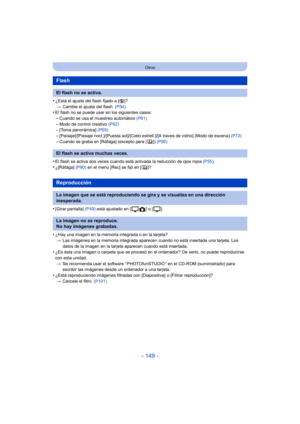 Page 149- 149 -
Otros
•¿Está el ajuste del flash fijado a [Œ]?
> Cambie el ajuste del flash.  (P54)
•El flash no se puede usar en los siguientes casos:–Cuando se usa el muestreo automático  (P61)
–Modo de control creativo (P62)–[Toma panorámica] (P69)–[Paisaje]/[Paisaje noct.]/[Puesta sol]/[Cielo estrell.]/[A traves de vidrio] (Modo de escena)  (P72)
–Cuando se graba en [Ráfaga] (excepto para [ ]) (P90)
•El flash se activa dos veces cuando está activada la reducción de ojos rojos  (P55).•¿[Ráfaga]  (P90) en el...
