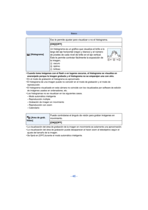 Page 46- 46 -
Básico
•Cuando toma imágenes con el flash o en lugares oscuros, el histograma se visualiza en 
anaranjado porque la imagen grabada y el histograma no se emparejan una con otro.
•En el modo de grabación el histograma es aproximado.•El histograma de una imagen puede no coincidir en el modo de grabación y el modo de 
reproducción.
•El histograma visualizado en esta cámara no coincide con los visualizados por software de edición 
de imágenes usados en ordenadores, etc.
•Los histogramas no se...