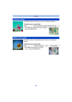 Page 65- 65 -
Grabación
Este efecto añade a sus fotos una vista con colores dramáticos.
Este efecto reduce el brillo periférico para imitar a una cámara de 
juguete.
[Proceso cruzado]
Elementos que se pueden fijan
ColorTono verde/Tono azul/Tono amarillo/Tono rojo
•
Pulse  2/1 para seleccionar el color a mejorar y 
luego pulse [MENU/SET].
[Efecto cám. juguete]
Elementos que se pueden fijar
Color Naranja enfatizado Azul enfatizado
•Pulse 2/1 para seleccionar el tono del 
color, y luego pulse [MENU/SET]. 