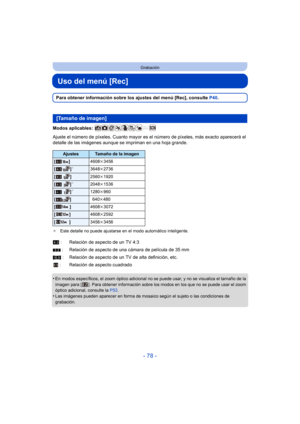 Page 78- 78 -
Grabación
Uso del menú [Rec]
Para obtener información sobre los ajustes del menú [Rec], consulte P40.
Modos aplicables: 
Ajuste el número de píxeles. Cuanto mayor es el  número de píxeles, más exacto aparecerá el 
detalle de las imágenes aunque se impriman en una hoja grande.
¢ Este detalle no puede ajustarse en el modo automático inteligente.
•En modos específicos, el zoom óptico adicional no se puede usar, y no se visualiza el tamaño de la 
imagen para [ ]. Para obtener información sobre los...