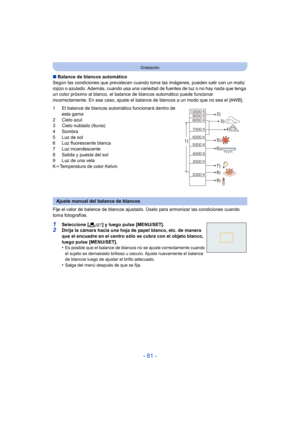 Page 81- 81 -
Grabación
∫Balance de blancos automático
Según las condiciones que prevalecen cuando to ma las imágenes, pueden salir con un matiz 
rojizo o azulado. Además, cuando usa una vari edad de fuentes de luz o no hay nada que tenga 
un color próximo al blanco, el balanc e de blancos automático puede funcionar 
incorrectamente. En ese caso, ajuste el balance de blancos a un modo que no sea el [AWB].
1 El balance de blancos automático funcionará dentro de  esta gama
2 Cielo azul
3 Cielo nublado (lluvia)
4...