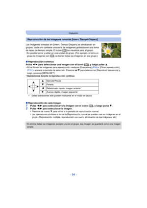 Page 94- 94 -
Grabación
Las imágenes tomadas en [Interv. Tiempo-Disparo] se almacenan en 
grupos, cada uno contiene una serie de imágenes grabadas en una toma 
de lapso de tiempo simple. El icono [ ] se visualiza para el grupo.
•
Es posible borrar y editar en una unidad de grupo. (Por ejemplo, si borra un 
grupo de imágenes con [ ], se borran todas las imágenes en ese grupo.)
∫ Reproducción continua
Pulse  2/1 para seleccionar una imagen con el icono [ ], y luego pulse  3.
•
Si ha filtrado las imágenes para...