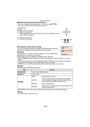 Page 130Advanced (Playback)
- 130 -
∫Operations performed during Slide Show
The cursor displayed during playback is the same as  3/4 /2/ 1.
•
The menu screen is restored when [ ‚] is pressed.
∫ Changing the Slide Show settings
You can change the settings for Slide Show Playback by selecting 
[EFFECT] or [SETUP] on the Slide Show menu screen.
[EFFECT]
This allows you to select the screen effects or music effects when 
switching from one picture to the next.
[NATURAL], [SLOW], [SWING], [URBAN], [OFF], [AUTO]
•...