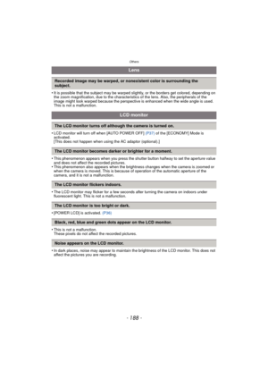 Page 188Others
- 188 -
•It is possible that the subject may be warped slightly, or the borders get colored, depending on 
the zoom magnification, due to the characteristics of the lens. Also, the peripherals of the 
image might look warped because the perspective is enhanced when the wide angle is used. 
This is not a malfunction.
•LCD monitor will turn off when [AUTO POWER OFF]  (P37) of the [ECONOMY] Mode is 
activated.
[This does not happen when using the AC adaptor (optional).] 
•This phenomenon appears when...