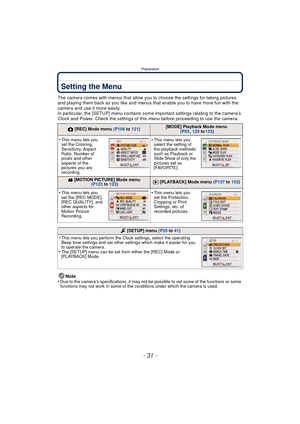 Page 31- 31 -
Preparation
Setting the Menu
The camera comes with menus that allow you to choose the settings for taking pictures 
and playing them back as you like and menus that enable you to have more fun with the 
camera and use it more easily.
In particular, the [SETUP] menu contains some important settings relating to the camera’s 
Clock and Power. Check the settings of this menu before proceeding to use the camera.
Note
•
Due to the camera’s specifications, it may not be possible to set some of the...