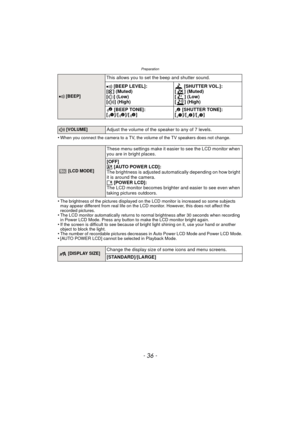 Page 36Preparation
- 36 -
•When you connect the camera to a TV, the volume of the TV speakers does not change.
•The brightness of the pictures displayed on the LCD monitor is increased so some subjects 
may appear different from real life on the LCD monitor. However, this does not affect the 
recorded pictures.
•The LCD monitor automatically returns to normal brightness after 30 seconds when recording 
in Power LCD Mode. Press any button to make the LCD monitor bright again.
•If the screen is difficult to see...