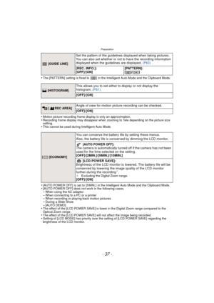 Page 37- 37 -
Preparation
•The [PATTERN]  setting is fixed to  [ ]  in the Intelligent Auto Mode and the Clipboard Mode.
•Motion picture recording frame display is only an approximation.•Recording frame display may disappear when zooming to Tele depending on the picture size 
setting.
•This cannot be used during Intelligent Auto Mode.
•[AUTO POWER OFF]  is set to  [5 MIN. ]  in the Intelligent Auto Mode and the Clipboard Mode.•[AUTO POWER OFF] does not work in the following cases.–When using the AC adaptor–When...