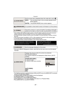 Page 41- 41 -
Preparation
•Use a battery with sufficient battery power or the AC adaptor (optional) and multi conversion 
adaptor (optional) when formatting. Do not turn the camera off during formatting.
•If a card has been inserted, only the card is formatted. To format the built-in memory, remove 
the card.
•If the card has been formatted on a PC or other equipment, format it on the camera again.•It may take longer to format the built-in memory than the card.•If you cannot format, contact the dealer or your...