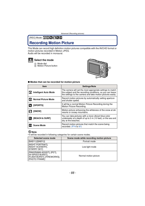 Page 88Advanced (Recording pictures)
- 88 -
[REC] Mode: ñ· ¿
Advanced (Recording pictures)Recording Motion Picture
This Mode can record high definition motion pictures compatible with the AVCHD format or 
motion pictures recorded in Motion JPEG.
Audio will be recorded in monaural.
∫Modes that can be recorded for motion picture
Note
•
It will be recorded in following categories for certain scene modes.
Select the mode
A Mode dial
B Motion Picture button
ItemSettings/Note
ñIntelligent Auto Mode The camera will...