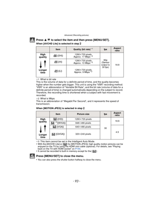 Page 93- 93 -
Advanced (Recording pictures)
Press 3/4 to select the item and then press [MENU/SET].
When [AVCHD Lite] is selected in step 2
¢1What is bit rate
This is the volume of data for a definite period of time, and the quality becomes 
higher when the number gets bigger. This unit is using the “VBR” recording method. 
“VBR” is an abbreviation of “Variable Bit Rate”, and the bit rate (volume of data for a 
definite period of time) is changed automatically depending on the subject to record. 
Therefore, the...