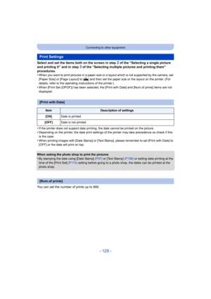 Page 129- 129 -
Connecting to other equipment
Select and set the items both on the screen in step 2 of the “Selecting a single picture 
and printing it” and in step 
3 of the “Selecting multiple pictures and printing them” 
procedures.
•
When you want to print pictures in a paper size or a layout whi ch is not supported by the camera, set 
[Paper Size] or [Page Layout] to [ {] and then set the paper size or the layout on the printer. (Fo r 
details, refer to the operating instructions of the printer.)
•When...