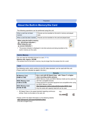 Page 22- 22 -
Preparation
About the Built-in Memory/the Card
•You can copy the recorded pictures to a card. (P119)
•Memory size: Approx. 220 MB•The access time for the built-in memory may be longer than the  access time for a card.
The following cards, which conform to the SD video standard, can be used with this unit.
(These cards are indicated as card in the text.)
•
Please confirm the latest information on the following website.
http://panasonic.jp/support/global/cs/dsc/(This site is English only.)
The...