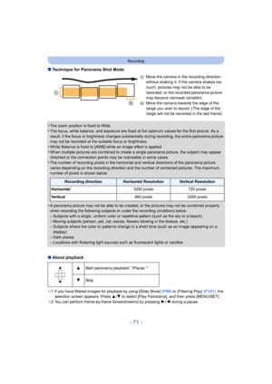 Page 71- 71 -
Recording
∫Technique for Panorama Shot Mode
•
The zoom position is fixed to Wide.•The focus, white balance, and exposure are fixed at the optimum  values for the first picture. As a 
result, if the focus or brightness changes substantially during  recording, the entire panorama picture 
may not be recorded at the suitable focus or brightness.
•White Balance is fixed to [AWB] while an image effect is applie d.•When multiple pictures are combined to create a single panorama picture, the subject may...