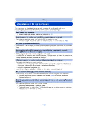 Page 142- 142 -
Otros
Visualización de los mensajes
En unos casos se visualizarán en la pantalla mensajes de confirmación o de error.
Los principales mensajes se describen a continuación a modo de ejemplo.
[Esta imagen está protegida]
>Borre la imagen tras cancelar el ajuste de protección.  (P117)
[Unas imágenes no pueden borrarse]/[Esta imagen no puede borrarse]
•
Las imágenes que no se basan en el estándar DCF no pueden borrarse.
> Formatee la tarjeta después de grabar los datos necesarios en el ordenador,...