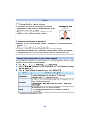 Page 88- 88 -
Grabación
Puede modificar las imágenes o la información de una persona ya registrada. También puede 
eliminar la información de la persona registrada.
1Pulse  4 para seleccionar [MEMORY] y pulse [MENU/SET].2Presione  3/4 /2 /1 para seleccionar la imagen de la cara a editar o eliminar y luego 
presione [MENU/SET].
3Pulse  3/4 para seleccionar la opción, luego pulse [MENU/SET].
•
Salga del menú después de que se fija.
∫ Punto de grabación al registrar las caras
•
Cara desde la parte frontal con ojos...