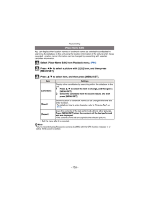 Page 126- 126 -
Playback/Editing
You can display other location names or landmark names as selectable candidates by 
searching the database in this unit using the location information of the picture when it was 
recorded. Location name information can be changed by overwriting with selected 
candidate information.
Select [Place-Name Edit] from Playback menu.  (P44)
Press  2/1 to select a picture with [ ] icon, and then press 
[MENU/SET].
Press  3/4 to select item, and then press [MENU/SET].
•Exit the menu after...