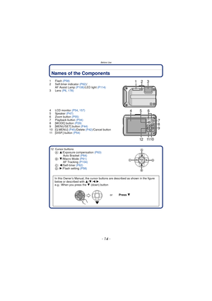 Page 14- 14 -
Before Use
Names of the Components
1Flash (P58)
2 Self-timer indicator  (P62)/
AF Assist Lamp  (P108)/LED light (P114)
3 Lens  (P6, 178)
4 LCD monitor  (P54, 157)
5 Speaker  (P47)
6 Zoom button  (P55)
7 Playback button  (P34)
8 [MODE] button  (P29)
9 [MENU/SET] button  (P44)
10 [Q.MENU]  (P45)/Delete  (P42)/Cancel button
11 [DISP.] button (P54)
12 Cursor buttons A: 3/Exposure compensation  (P63)
Auto Bracket  (P64)
B : 4/Macro Mode  (P61)
AF Tracking  (P104)
C : 2/Self-timer (P62)
D : 1/Flash...