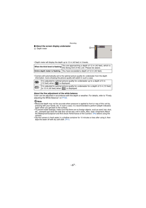 Page 67Recording
- 67 -
∫About the screen display underwaterA Depth meter
•Depth meter will display the depth up to 12 m (40 feet) in 3 levels.
•Camera will automatically set to the optimal picture quality for underwater from the depth 
information. Icons showing the picture  quality will switch in such a case.
About the fine adjustment of the white balance
Color can be adjusted in accordance with the depth  or weather. For details, refer to “Finely 
adjusting the White Balance” on  P102.
Note
•
Measured depth...