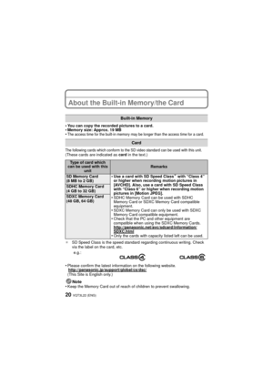 Page 20VQT3L22 (ENG)20
About the Built-in Memory/the Card
•You can copy the recorded pictures to a card.•Memory size: Approx. 19 MB•The access time for the built-in memory may be longer than the access time for a card.
The following cards which conform to the SD video standard can be used with this unit.
(These cards are indicated as  card in the text.)
¢ SD Speed Class is the speed standard regarding continuous writing. Check 
via the label on the card, etc.
•Please confirm the latest information on the...