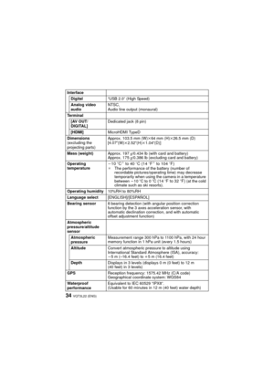Page 34VQT3L22 (ENG)34
InterfaceDigital “USB 2.0” (High Speed)
Analog video
audio NTSC,
Audio line output (monaural)
Te r m i n a l [AV OUT/
DIGITAL] Dedicated jack (8 pin)
[HDMI] MicroHDMI TypeD
Dimensions
(excluding the 
projecting parts) Approx. 103.5 mm (W)
k64 mm (H)k 26.5 mm (D)
[4.07 q
(W)k2.52 q(H)k1.04 q(D)]
Mass (weight) Approx. 197g/0.434 lb (with card and battery)
Approx. 175 g/0.386 lb (excluding card and battery)
Operating 
temperature
j10 oC¢ to 40oC (14oF¢ to 104oF)¢The performance of the...