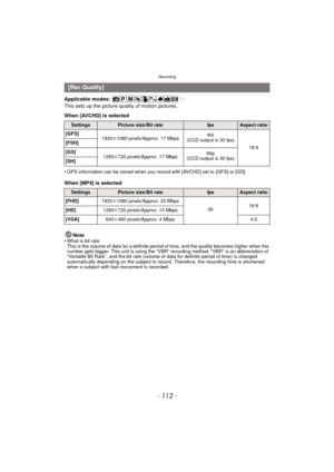 Page 112Recording
- 112 -
Applicable modes: 
This sets up the picture quality of motion pictures.
When [AVCHD] is selected
•
GPS information can be stored when you record with [AVCHD] set to [GFS] or [GS].
When [MP4] is selectedNote
•
What is bit rate
This is the volume of data for a definite period of time, and the quality becomes higher when the 
number gets bigger. This unit is using the “VBR” recording method. “VBR” is an abbreviation of 
“Variable Bit Rate”, and the bit rate (volume of data for definite...