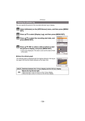 Page 126GPS/Sensor
- 126 -
You can specify the period of the recorded altimeter log to display.
Select [Altimeter] on the [GPS/Sensor] menu, and then press [MENU/
SET].
Press  3/4 to select [Display Log], and then press [MENU/SET].
Press  3/4 to select the recording start date, and 
press [MENU/SET].
Press  3/4/2/ 1 to select a date at which to start 
the period to display, and press [MENU/SET].
•It will not be displayed, if the date to start and the date to finish 
is the same.
∫ About the altitude graph
The...