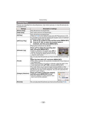 Page 135- 135 -
Playback/Editing
Pictures are classified into only still pictures, only motion pictures, or only 3D pictures etc., 
and played back.
[Filtering Play]
SettingsDescription of settings
[Picture Only] Only still pictures are played back.
[Video Only] Only motion pictures are played back.
[3D Play] Only 3D pictures are played back.
•Refer to 
P159 for the method to play back [3D Play] pictures in 3D.
[GPS Area Play] It is possible to play back by selecting the location name or landmark 
of the place...