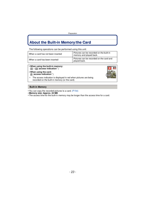 Page 23- 23 -
Preparation
About the Built-in Memory/the Card
•You can copy the recorded pictures to a card. (P154)•Memory size: Approx. 20 MB•The access time for the built-in memory may be longer than the access time for a card.
The following operations can be performed using this unit:
When a card has not been inserted Pictures can be recorded on the built-in 
memory and played back.
When a card has been inserted Pictures can be recorded on the card and 
played back.
•When using the built-in memory:
k>ð...