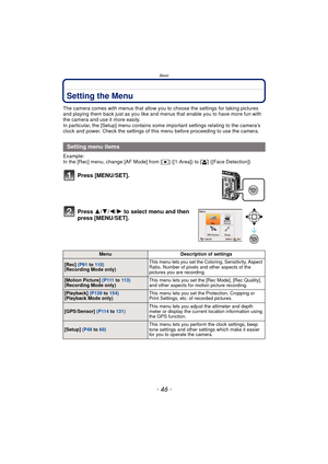 Page 46Basic
- 46 -
Setting the Menu
The camera comes with menus that allow you to choose the settings for taking pictures 
and playing them back just as you like and menus that enable you to have more fun with 
the camera and use it more easily.
In particular, the [Setup] menu contains some important settings relating to the camera’s 
clock and power. Check the settings of this menu before proceeding to use the camera.
Example:
In the [Rec] menu, change [AF Mode] from [ Ø] ([1-Area]) to [ š] ([Face...