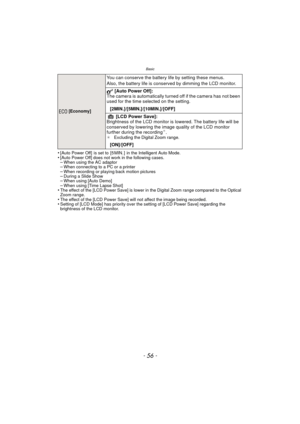 Page 56Basic
- 56 -
•[Auto Power Off]  is set to  [5 MIN. ]  in the Intelligent Auto Mode.•[Auto Power Off] does not work in the following cases.–When using the AC adaptor–When connecting to a PC or a printer–When recording or playing back motion pictures–During a Slide Show–When using [Auto Demo]–When using [Time Lapse Shot]•The effect of the [LCD Power Save] is lower in the Digital Zoom range compared to the Optical 
Zoom range.
•The effect of the [LCD Power Save] will not affect the image being...