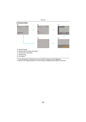 Page 62Recording
- 62 -
¢1 If the [Histogram] in [Setup] menu is set to [ON], Histogram will be displayed.
¢ 2 Name of the registered person in [Face Rec og.] is displayed when [DISP.] is pressed.
In Playback Mode
GHI
KJ
GNormal display
H Display with recording information¢1
I Environment information
J Altimeter log
K No display
¢2 