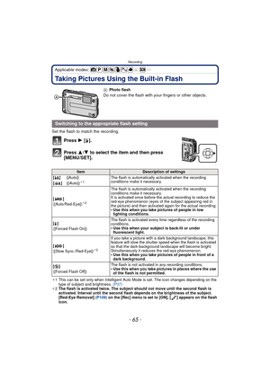 Page 65- 65 -
Recording
Applicable modes: 
Taking Pictures Using the Built-in Flash
Set the flash to match the recording.
Press 1 [‰].
Press  3/4 to select the item and then press 
[MENU/SET].
¢ 1 This can be set only when Intelligent Auto Mode is set. The icon changes depending on the 
type of subject and brightness.  (P37)
¢ 2 The flash is activated twice. The subject should not move until the second flash is 
activated. Interval until the second flash depends on the brightness of the subject.
[Red-Eye...